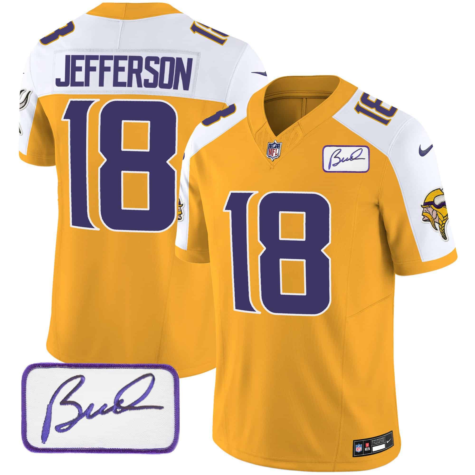 Men Minnesota Vikings #18 Jefferson Yellow 2024 Nike Bud Grant Patch Classic Limited NFL Jersey style 1